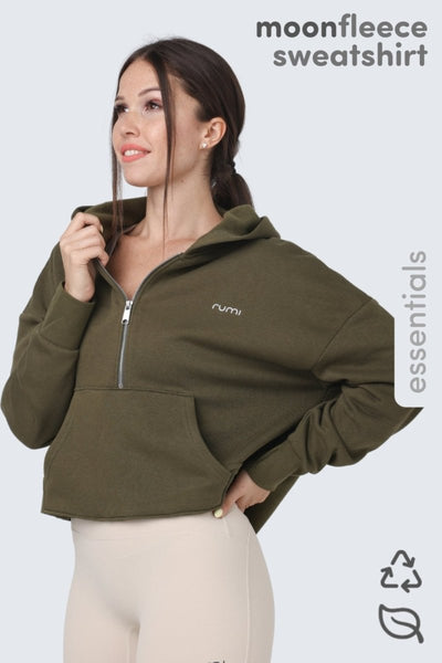 Rumi Earth - W Moon Cropped Sweatshirt Fleece Hoodie + Zip - Olive Deep - R113335DOP - Tops